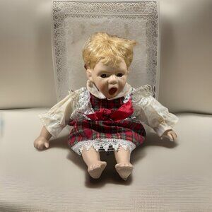 Open Mouth Porcelain & Cloth 12" girl Doll Red plaid dress Blonde Hair Sitting